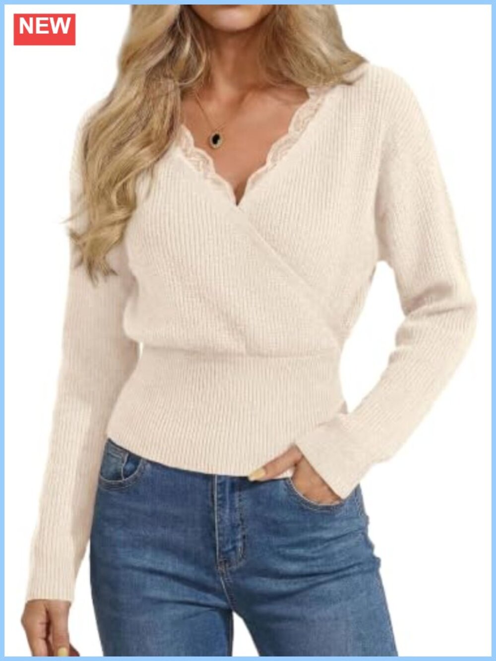 Lace Trim V Neck Wrap Cropped Sweater Ribbed Knit Long Sleeve Fall Top